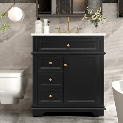 30" Bathroom Vanity with Ceramic Sink, Freestanding Bathroom Storage Cabinet with Tip-out Drawer and Door Shelf