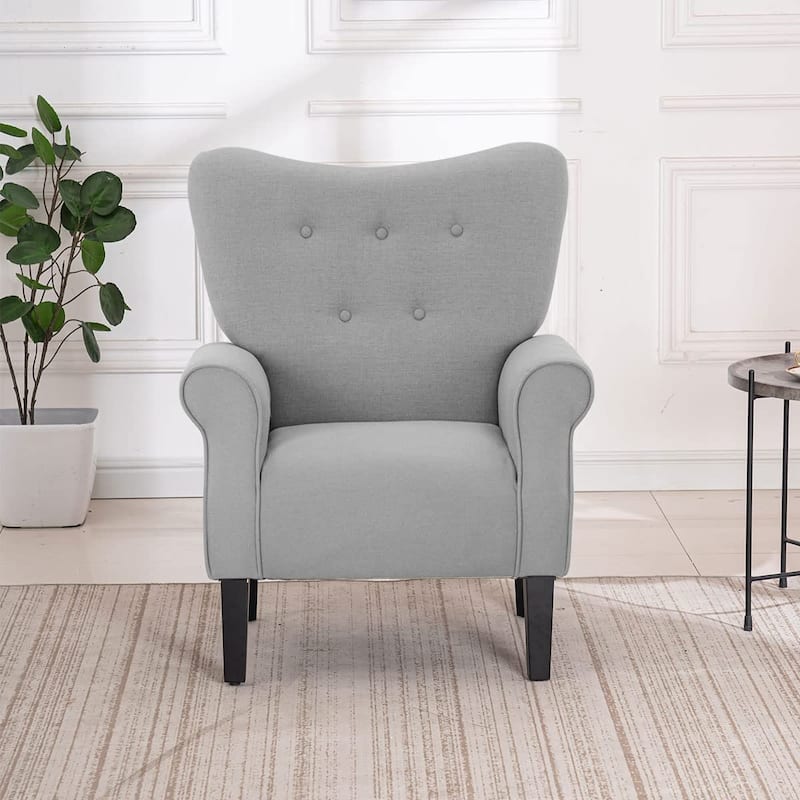 Erommy Wing back Arm Chair, Upholstered Fabric High Back Chair with Wood Legs - Grey