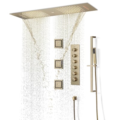 36 inch 64 inch LED light head 5 way thermostatic shower system brushed gold - 7'6" x 10'9"