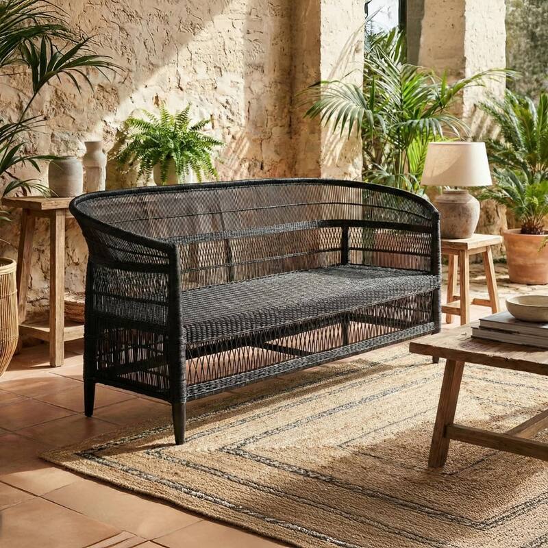 Handwoven Natural Rattan 3-Seater Indoor Settee with Solid Wood Frame, Boho Coastal Farmhouse Accent Seating