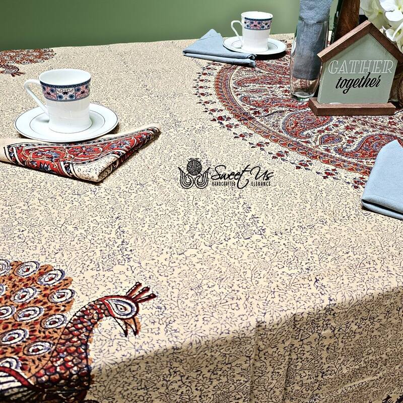 Block Print Veggie Dye Peacock Paradise Paisley Tablecloth Collection
