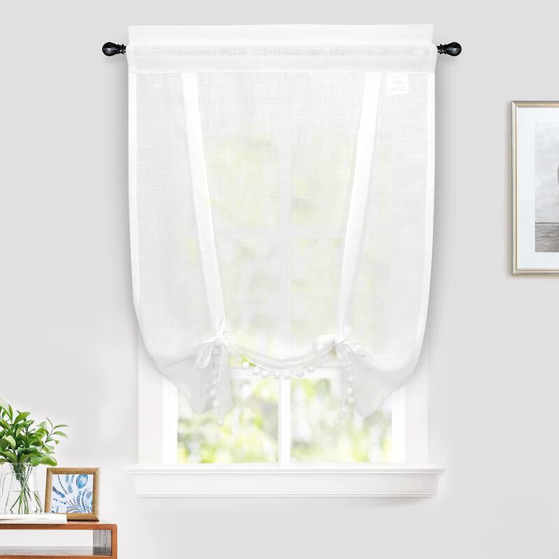 DriftAway Solid Color Linen Textured Slub Sheer with Pom Pom Trim Tie Up Adjustable Balloon Rod Pocket Window Curtains - 31" Width X 47" Length - White
