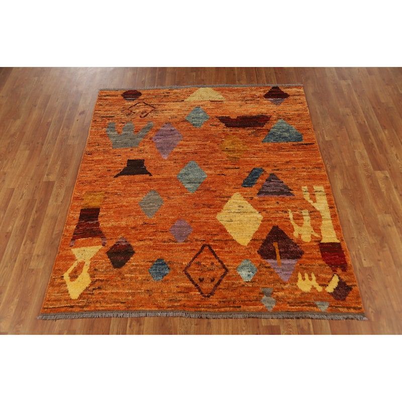 Orange Tribal Moroccan Oriental Rug Handmade Wool Carpet - 5'5" x 6'3"