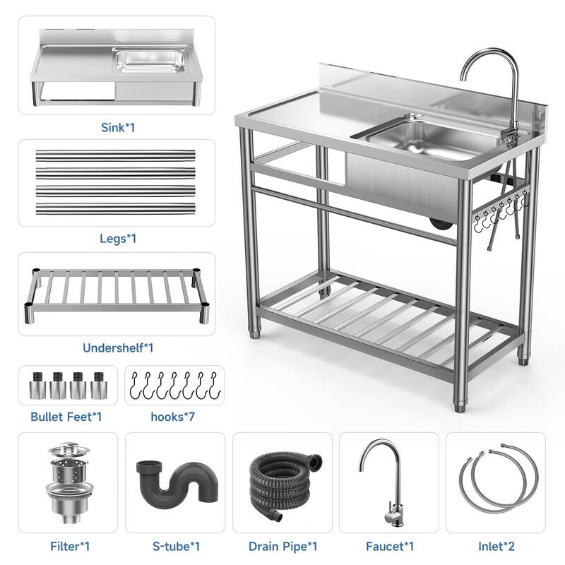 Free Standing Stainless Steel Utility Sink, Commercial Single Bowl Sink Set with Faucet