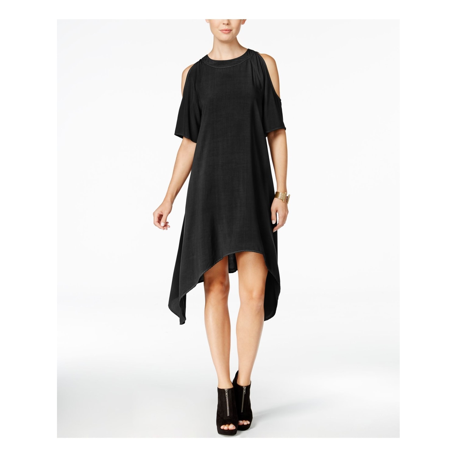 Shop Chelsea Sky Womens Black Short Sleeve Jewel Neck Tea Length