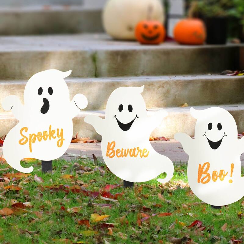 Glitzhome Halloween LED Ghost Cat Pumpkin Nutcracker Yard Stakes Standing Sign Hanging Decor