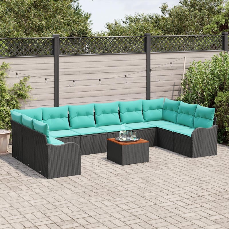 vidaXL 11 Garden Sofa Set with Cushions Black Poly Rattan - 135.4 x 69.9 x 27.2