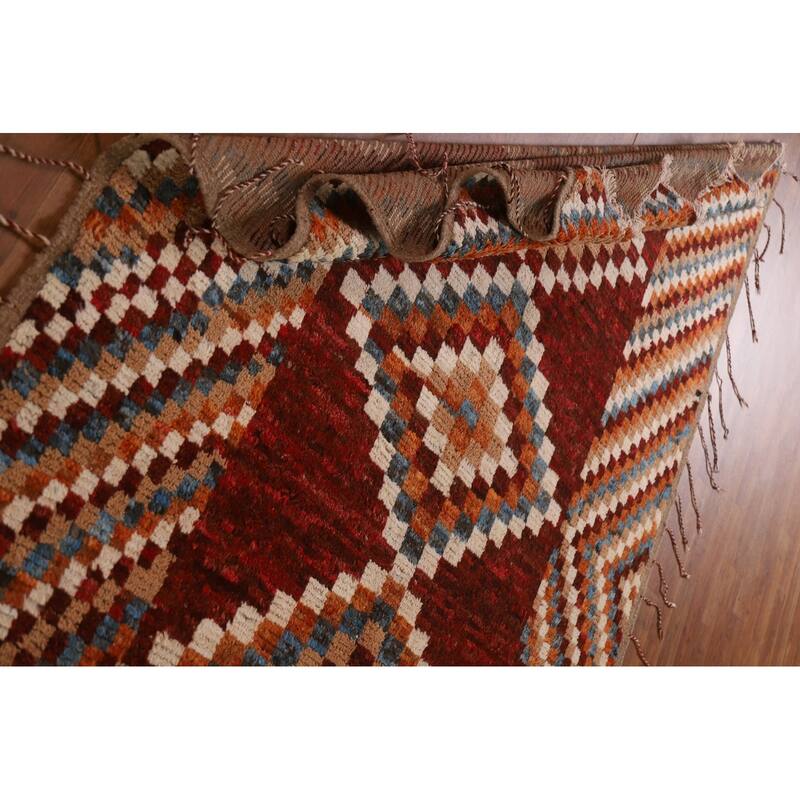 Hand Knotted Oriental 100% Wool Carpet Modern Geometric Red Moroccan Area Rug - 7' 9'' X 5' 6''