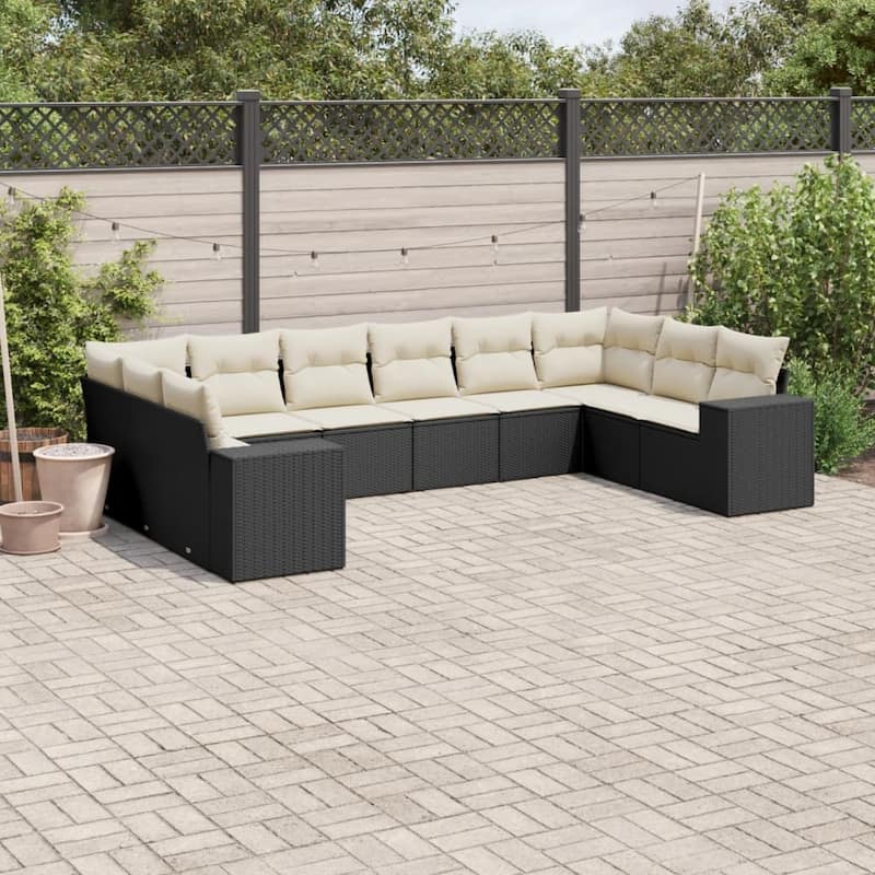 vidaXL Patio Sofa Set with Cushions Outdoor Conversation Furniture Poly Rattan - Black and cream 10pcs - 24.4 x 32.7 x 27.2