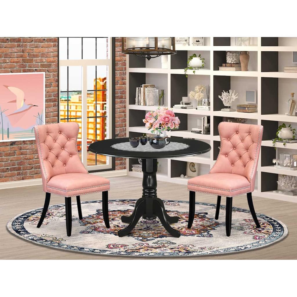 3-Piece Black Finish Solid Wood Top-Round Upholstered Dining Room Set -Seats 4