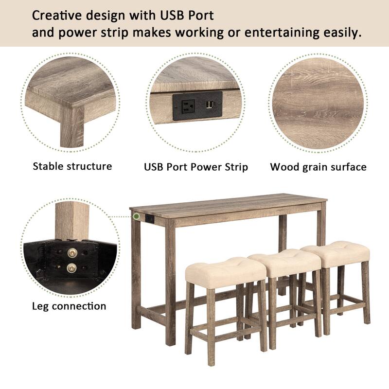 4 Piece Bar Kitchen Table Set with Power Outlet and USB Port & 3 Padded Stools