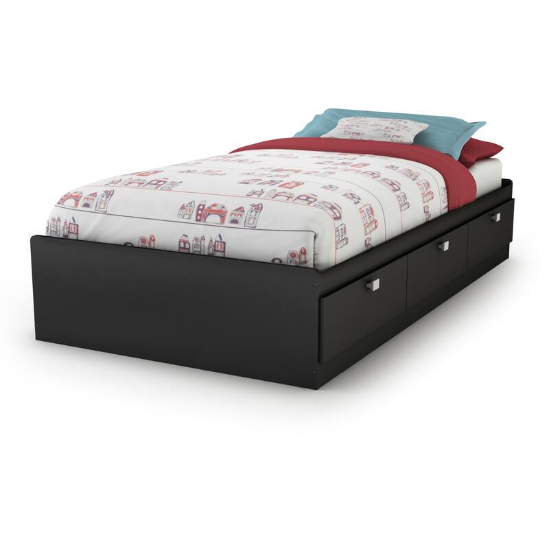 Mate's Platform Storage Bed with 3 Drawers in Pure Black and Rounded Corners for Space-Saving Bedrooms