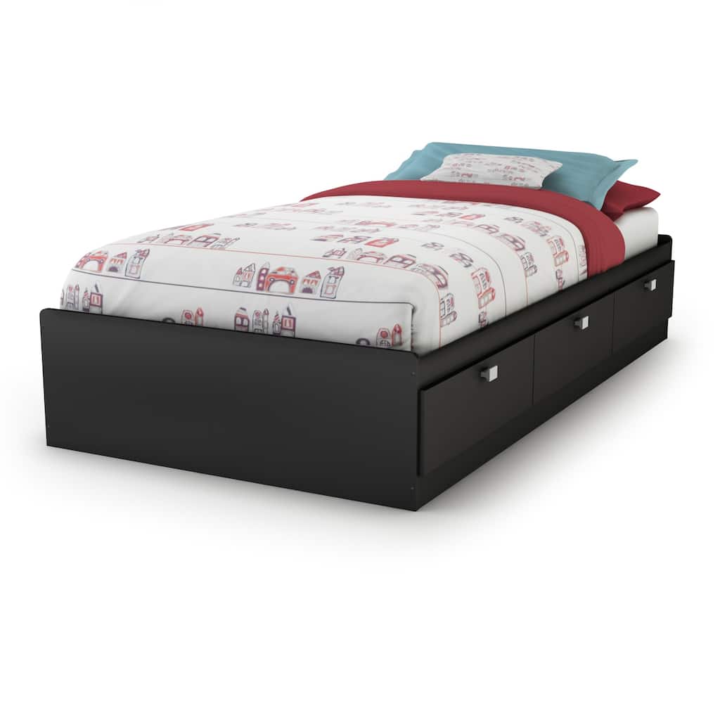 Mate's Platform Storage Bed with 3 Drawers in Pure Black and Rounded Corners for Space-Saving Bedrooms