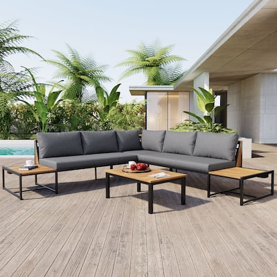 Outdoor 4-Piece Iron Sectional Sofa Set with Coffee Table & Storage Shelf