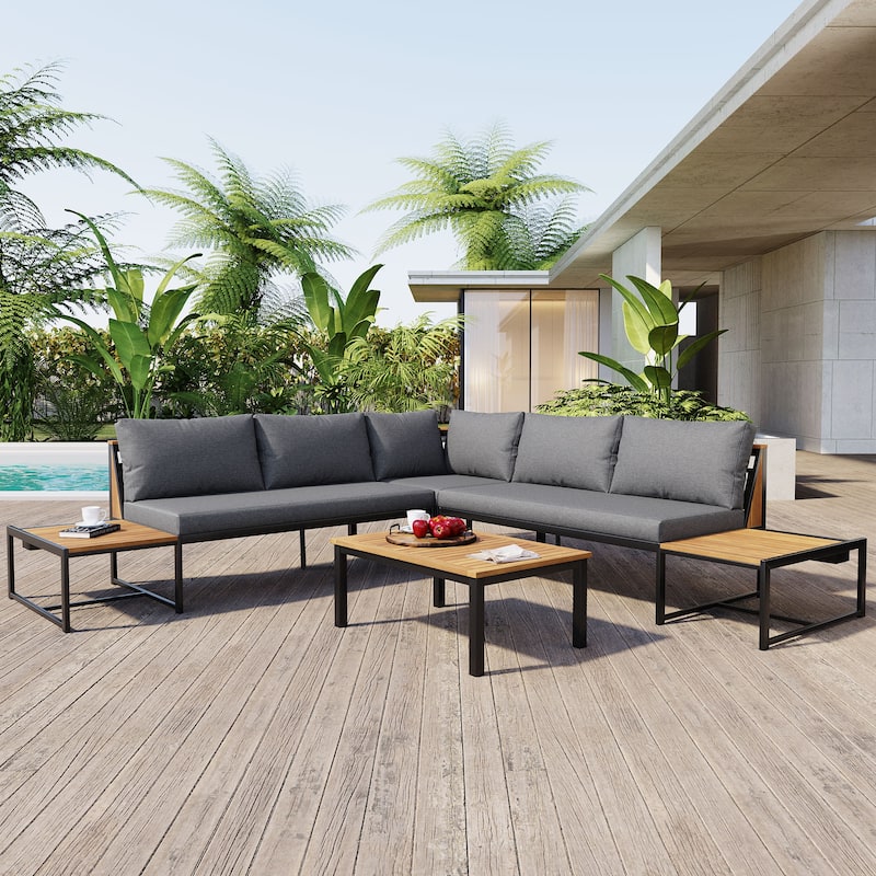 Patio Furniture Set with Loveseats and Pillows, 4 Pieces Outdoor Sofa Set with Waterproof Cushions and Coffee Table - Gray