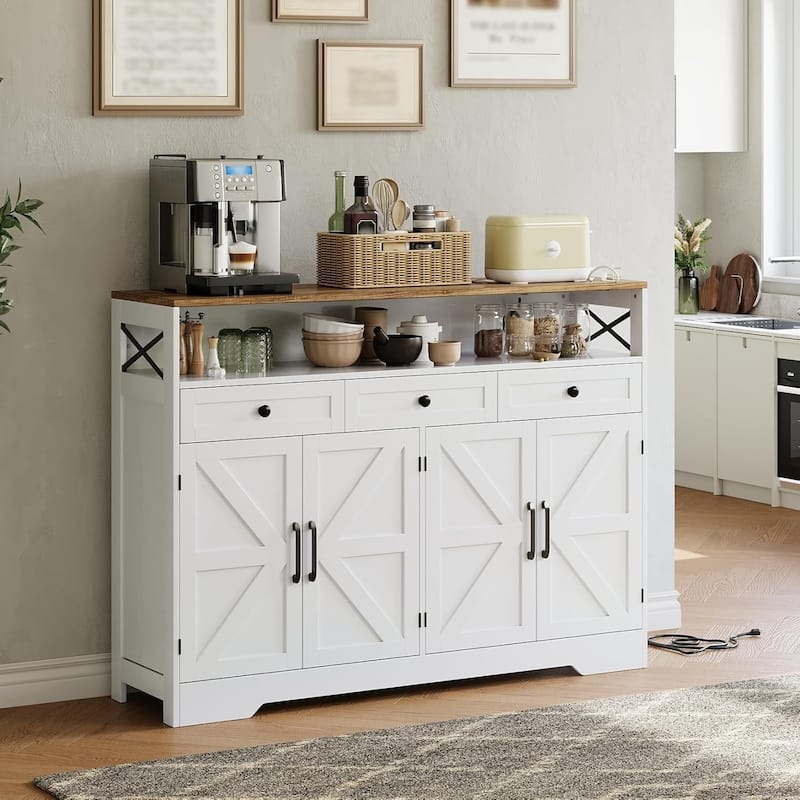 51" White Farmhouse Sideboard with Built-in Charging Station, Shelves and Drawers, White - White