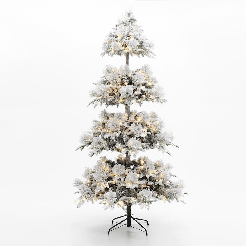 7.5Ft Pre-Lit Hinged Snow Flocked Slender Artificial Pine Christmas Tree - 90" H x 48.8" Diameter