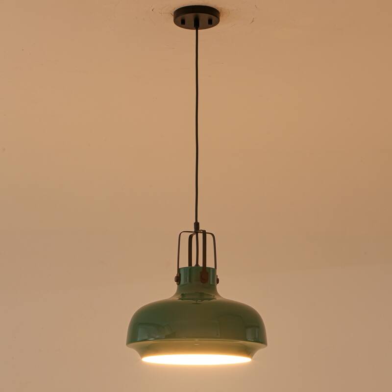1-Light Farmhouse Industrial Green Dome Adjustable Pendant Hanging Light with Matte Black Hardware for Kitchen Island
