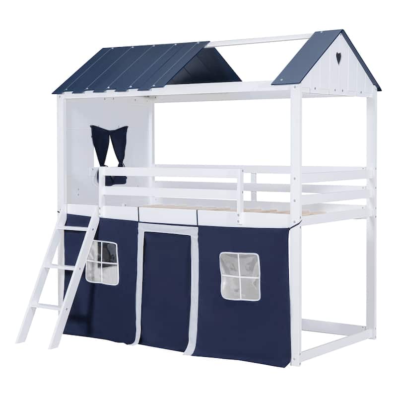 Twin Size Wooden Bunk Bed with Elegant Windows and Tent in Blue+White