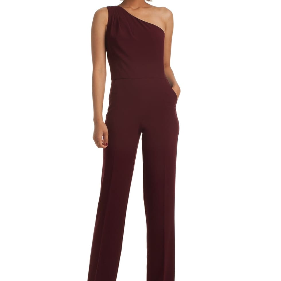 burgundy one shoulder jumpsuit