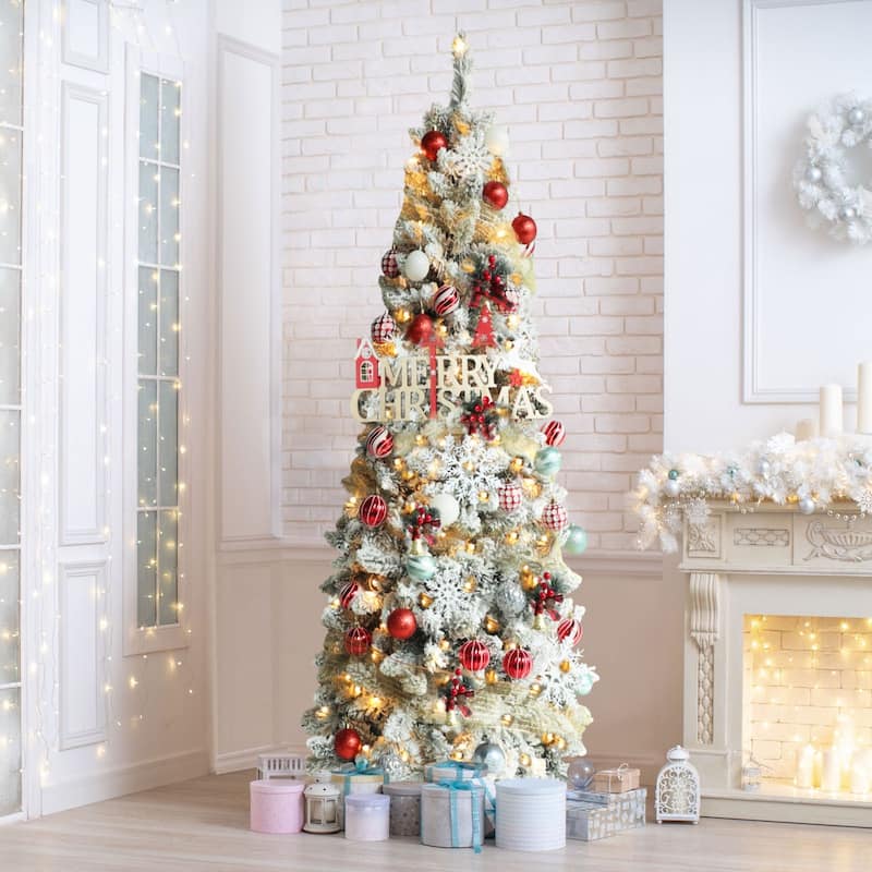 VEIKOUS Pre-Lit Artificial Christmas Tree Pencil Snow with Foldable Iron Stand with LED lights, 5.5/6.5/7.5 ft - 5.5 Foot - White