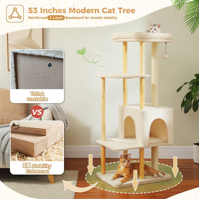 53" Modern Wooden Cat Tower for Indoor Large Cats, Multi-Level Cat Condos with Long Scratching Posts and Scraping Columns