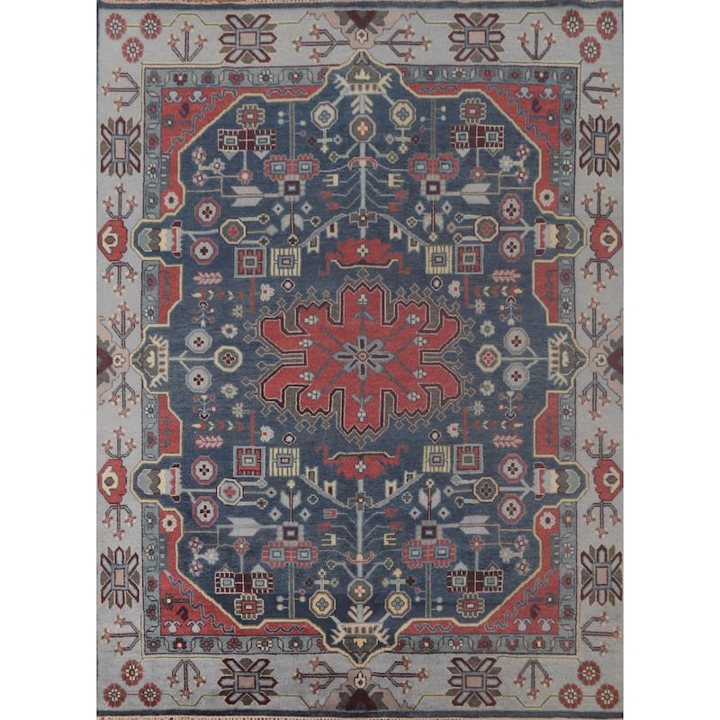 Blue Kazak Indian Area Rug Hand-Knotted Geometric Wool Carpet - 8'1" x 9'9"