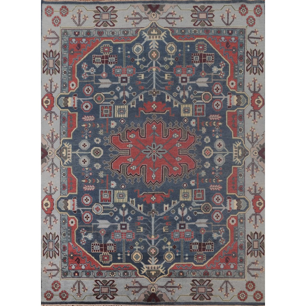 Blue Kazak Indian Area Rug Hand-Knotted Geometric Wool Carpet - 8'1" x 9'9"