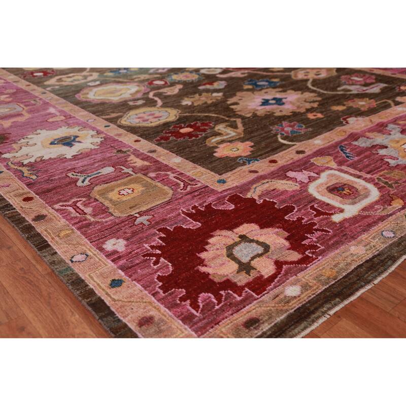 Hand Knotted Oriental 100% Wool Carpet Transitional All-Over Brown Oushak Area Rug - 11' 9'' X 9' 5''
