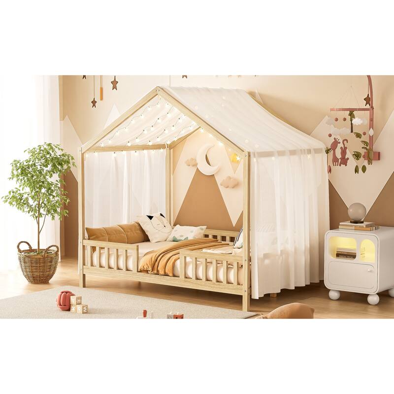 Montessori Floor Bed with Canopy, Full Bed Frame for Kids, House Shape Toddler Bed Frame with High Railings,Full