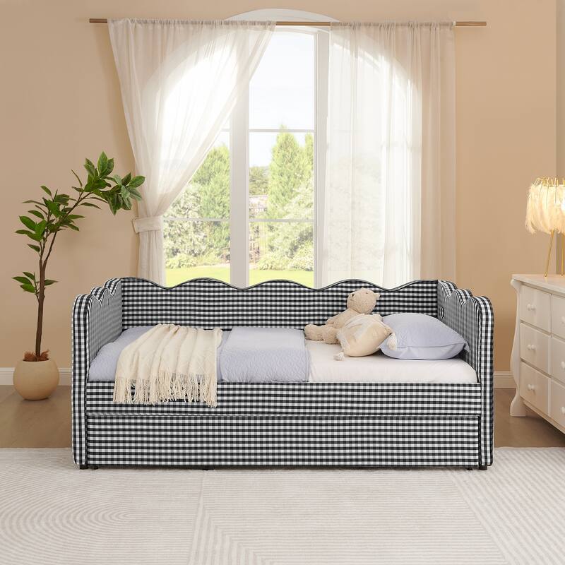 Twin Gingham Daybed with Trundle - USB Ports, Wave Design, Linen Fabric, No Box Spring