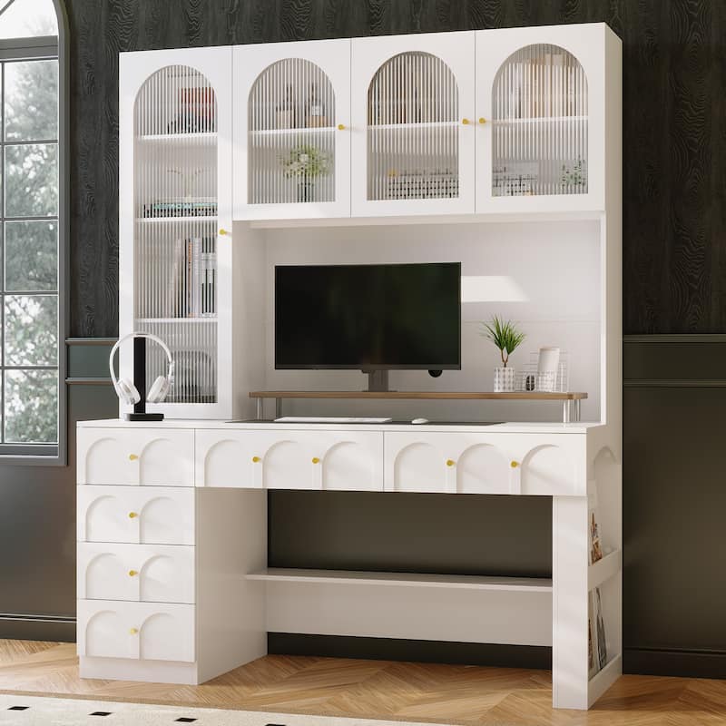 63” Modern White Computer Desk with Hutch & Drawers, Tempered Glass Cabinet Doors, Large Storage Home Office Workstation