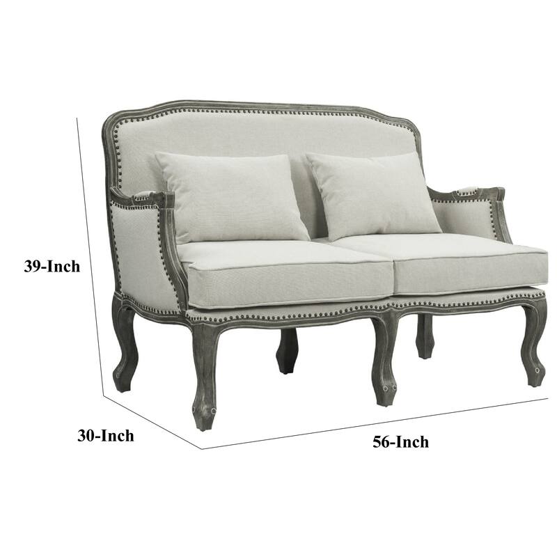 Warn 56 Inch Classic Sofa, Nailhead Trim, Box Cushion, Fabric, Cream, Brown