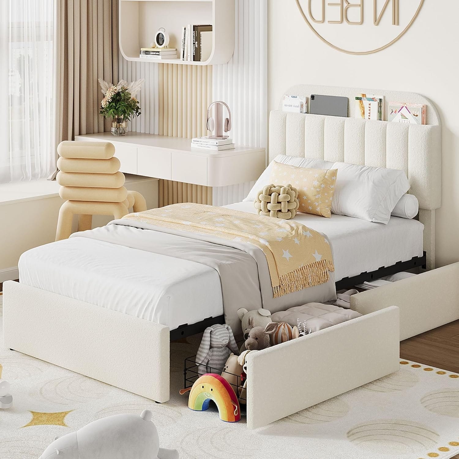 Bed Frame for Kids, Upholstered Platform Bed for Boys with 2 Flexible Drawers