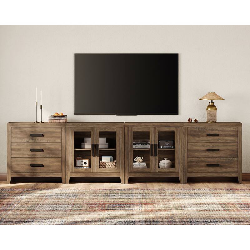 WAMPAT Farmhouse Buffet Cabinet with Glass Doors and Drawers, 4-Piece Modular Sideboard