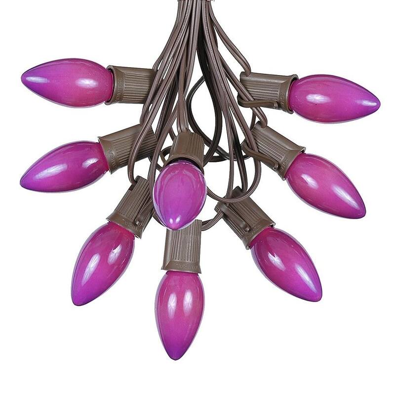100 Foot C9 Ceramic Christmas Light Set, Hanging String Lights, Brown Wire - Purple