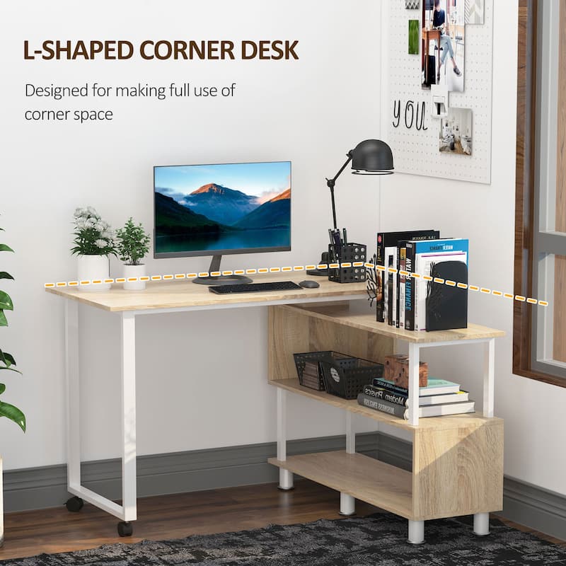 HOMCOM Mobile L-Shaped Rotating Computer Desk with Storage Shelves Moveable Rolling Writing Table