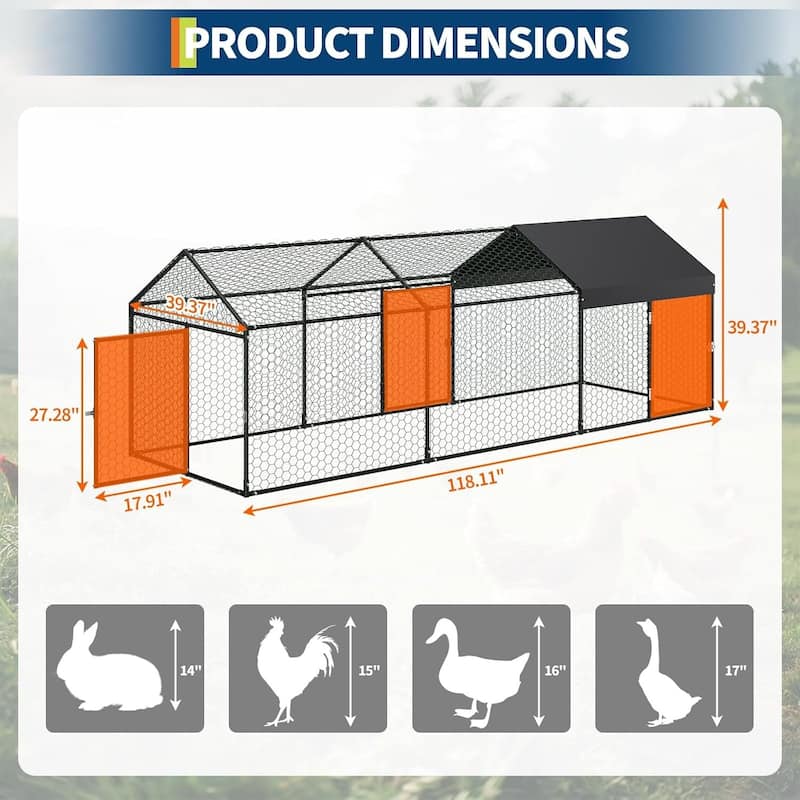 3 Doors Outdoor Large Metal Chicken Coop with Waterproof Anti-UV Cover for Rabbit Duck