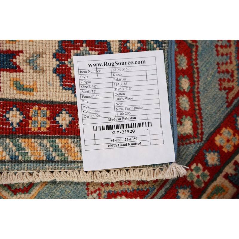 Light Blue Kazak Foyer Rug Hand-Knotted Wool Carpet - 2'8"x 3'9"