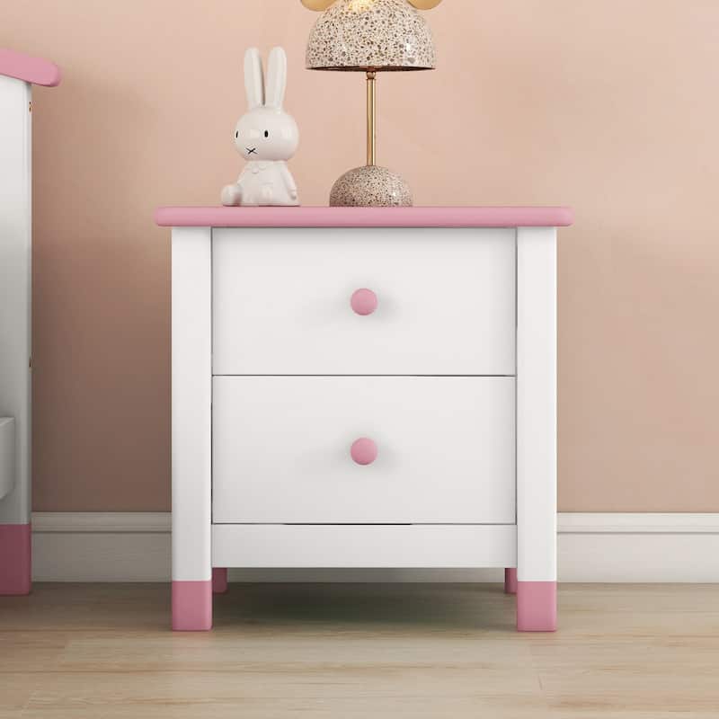 Wooden Nightstand with Two Drawers for Kids,End Table for Bedroom,Cream+Walnut