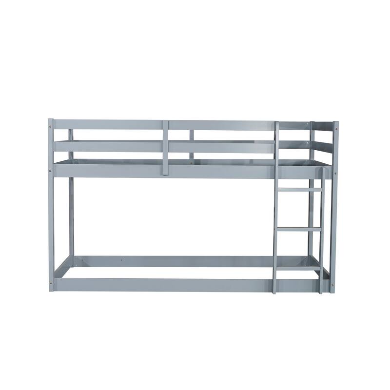 Wooden Twin over Twin Floor Bunk Bed with Ladder, with Bed Platform of Strengthened Slats