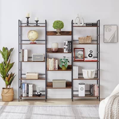 Industrial Triple Wide Wooden 5-shelf Bookshelves