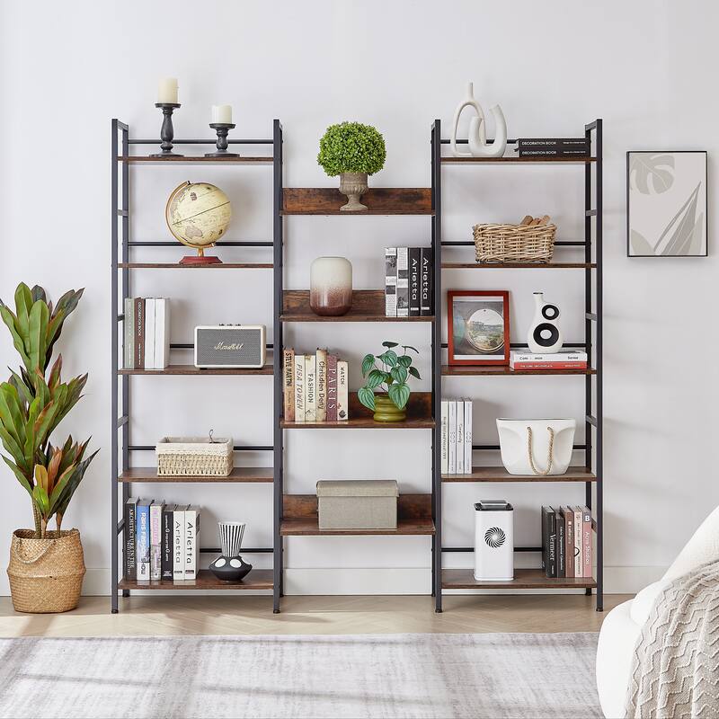 Industrial Wood Triple Wide 5-Shelf Open Bookshelf - Rustic Brown