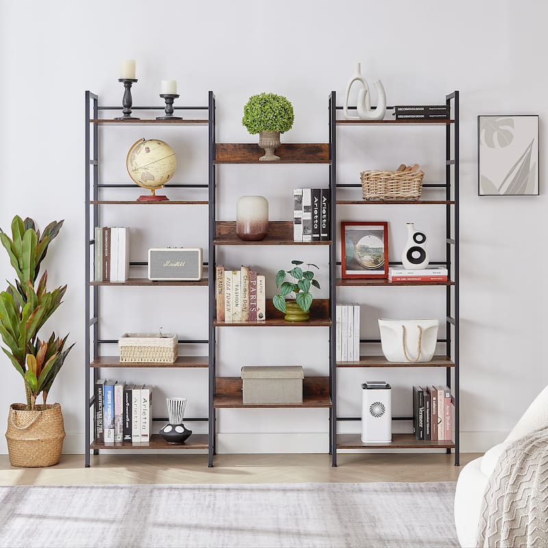 Triple Wide 5-shelf Bookshelves Industrial Retro Wooden Style Home -  Rustic Brown