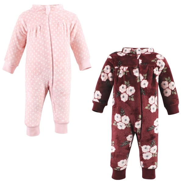 slide 1 of 1, Hudson Baby Infant Girl Plush Jumpsuits, Burgundy Floral 0-3 Months - Burgundy Floral