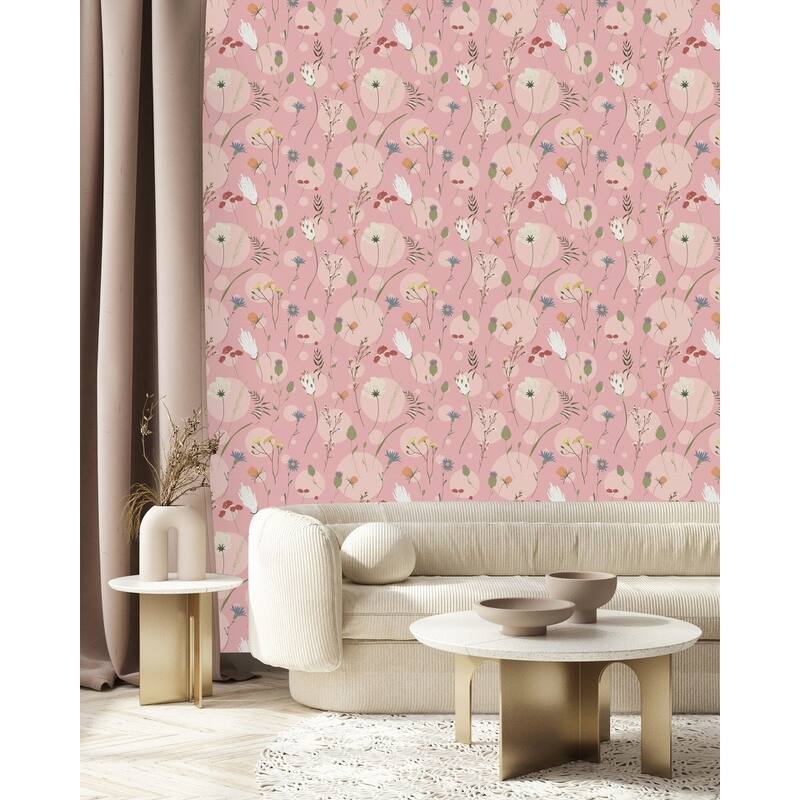 Pink Wallpaper with Wildflowers Peel and Stick and Prepasted - Bed Bath
