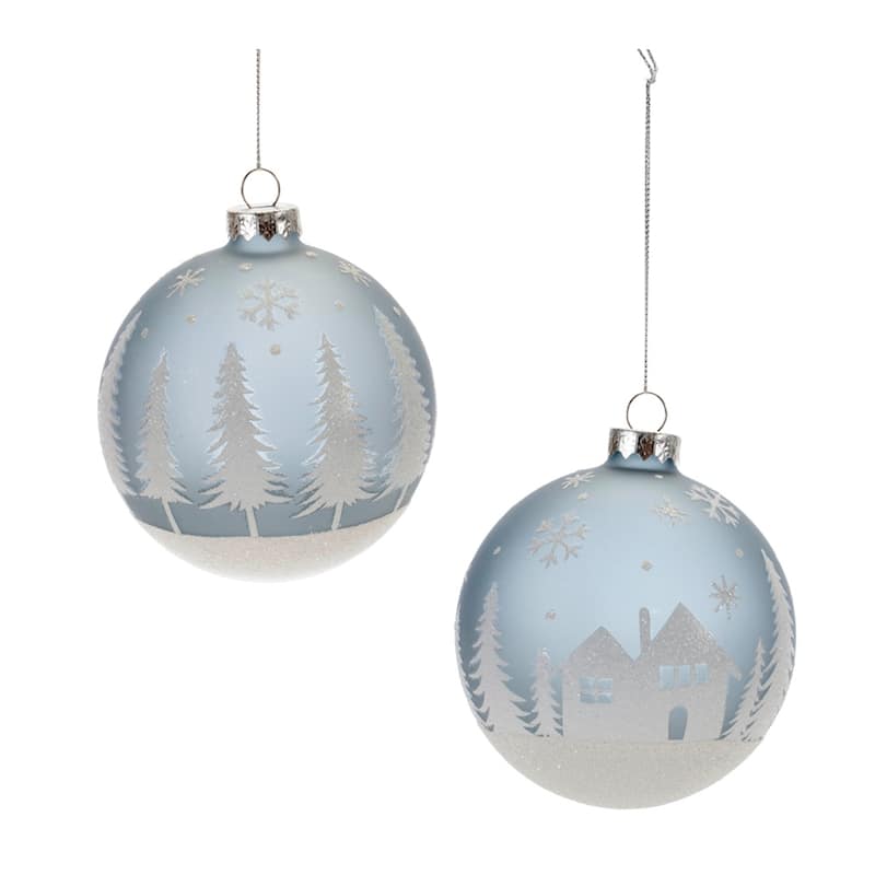 Glittered Winter Scene Glass Ball Christmas Ornaments - 4" (100mm) - Blue - 6ct