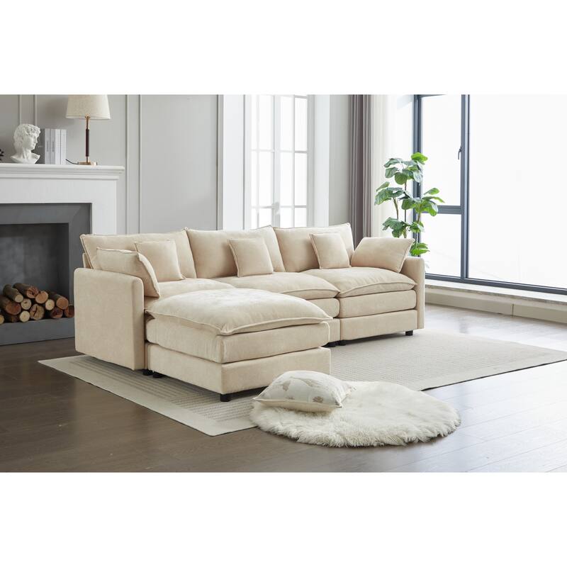 Modular 3-Seater L-Shaped White Chenille Sofa with Ottoman, 99x65x32 inches, 167 lbs
