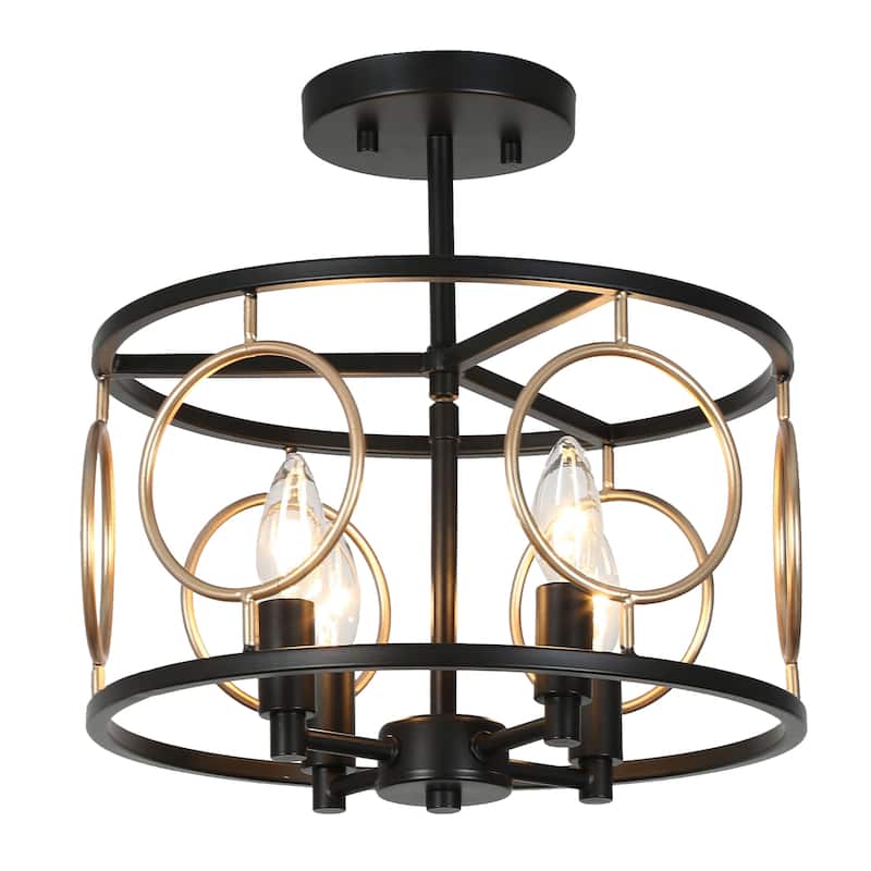 Tinka Modern Farmhouse 4-light Drum Chandelier Black Gold Semi-flush Mount Ceiling Light - D 13"* H 13.5"