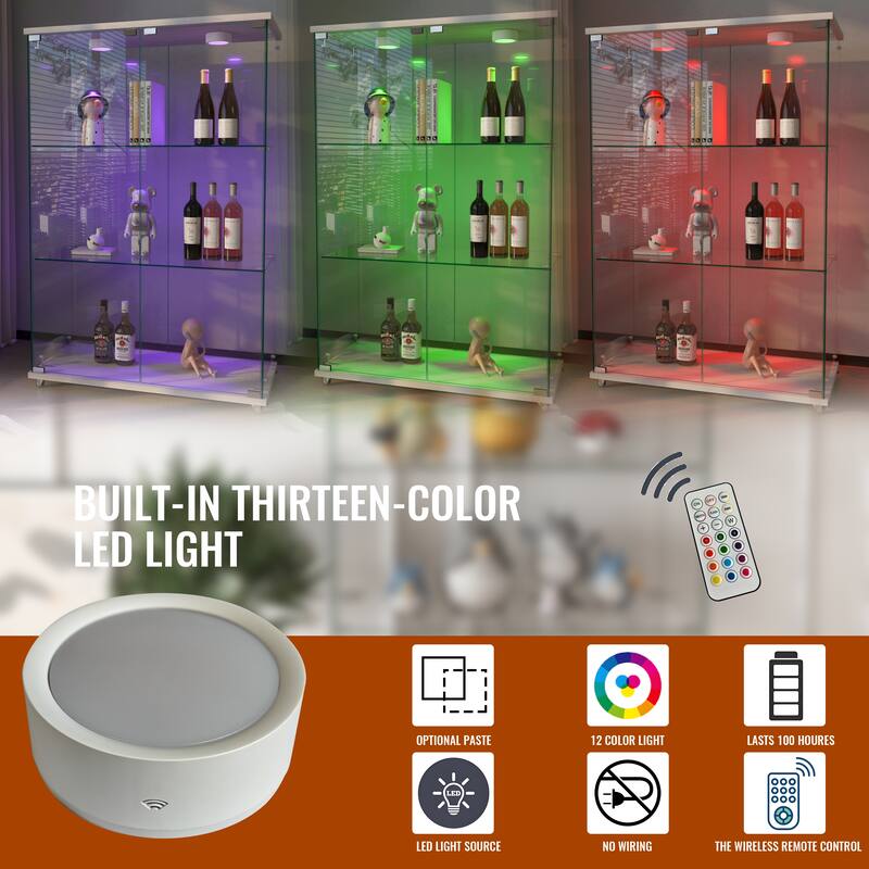 Modern 2-Door Glass Display Cabinet with LED Lights, 3-Shelf Tempered Glass Showcase for Collectibles and Storage